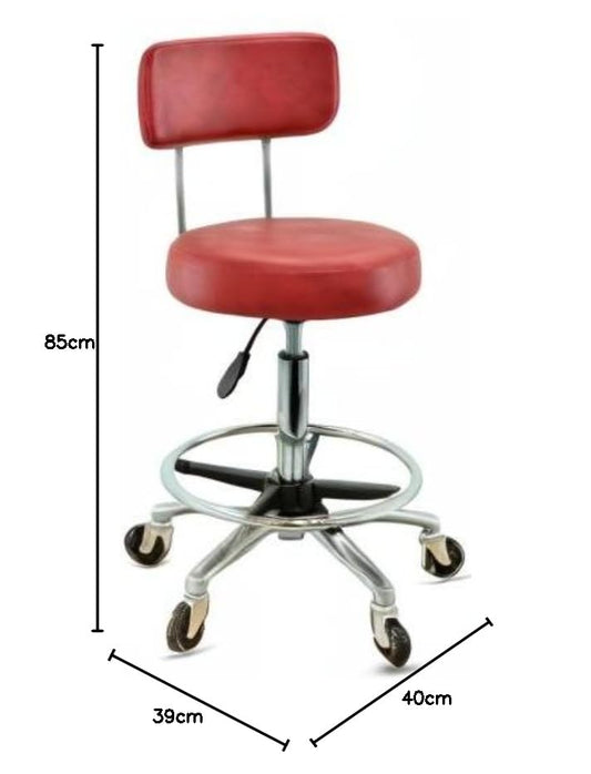VAKON SALON - Premium rolling stool in red with backrest and foot ring - Height adjustable 55-75 cm - Round seat swivel stool work stool practice stool