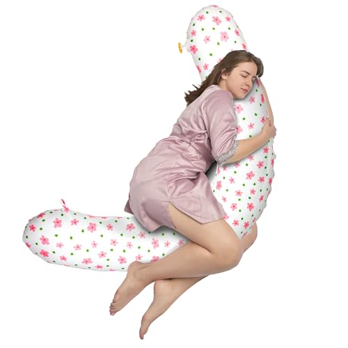 be Design XXL nursing pillow ergonomic 190x30, pregnancy pillow side sleeper pillow comfort pillow for adults and baby, muslin cover (muslin pink flowers)