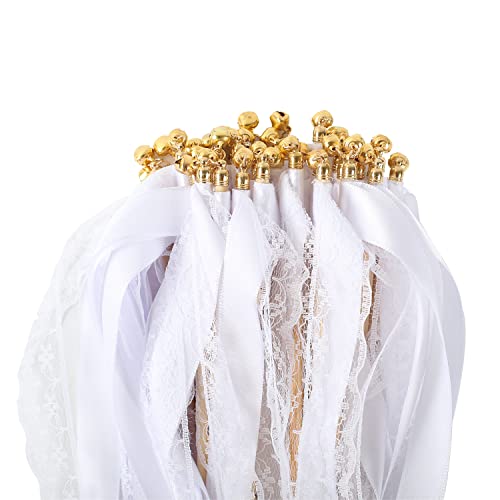 50 pcs Wedding Wands, Wedding Wand Ribbon Wands with Bell, Silk Fairy Stick, Wedding Wands for Parties, Holidays, Celebrations, White