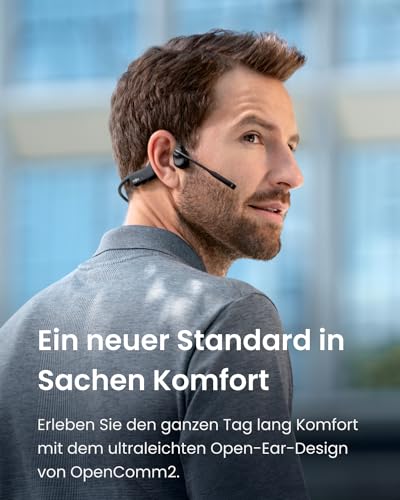 SHOKZ OpenComm 2 wireless bone conduction headphones, Bluetooth open-ear headset with noise-cancelling microphone, earphones for office, work, calls, meetings, driving, 16 hours talk time, Black