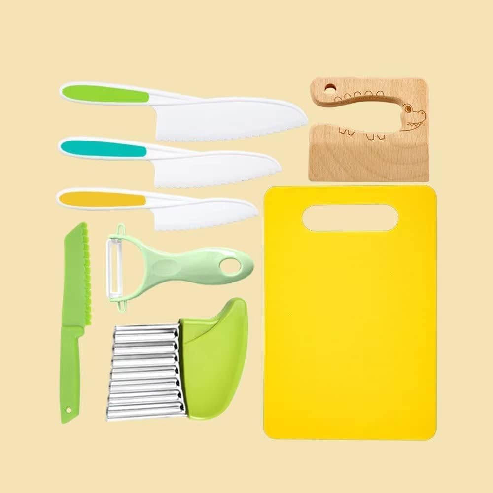 Leking 8-Pcs Wooden Children's Kitchen Knife, Plastic Children's Knife Set includes Wooden Child Safe Knife, Serrated Edge Plastic Knife, Potato Cutter, Sandwich Cutter, Y Peeler, Cutting Board