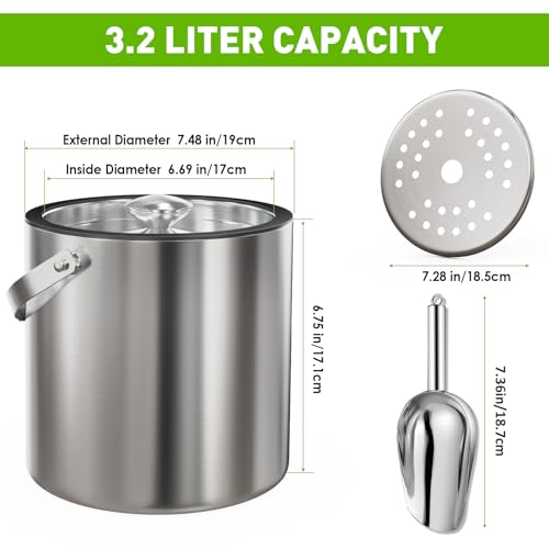 3.2L Insulated Ice Bucket with Silicone Lid, Tongs, and Strainer