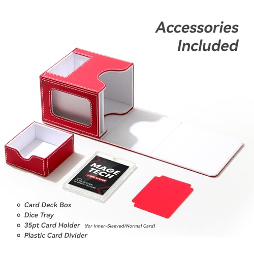 Mage Tech Card Deck Box for MTG Commander - Patented design, Commander display, fits 100 double-sleeved cards, 35pt card brick & dice tray - Red/White.