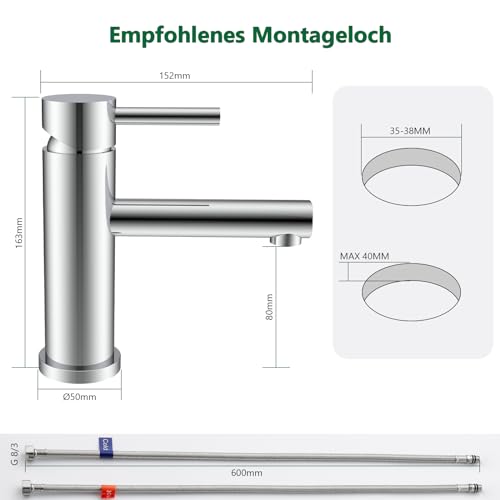 Kelleria Bathroom Faucet Chrome, Stainless Steel Washbasin Tap with 80mm Spout Height Bathroom Fixtures Water-Saving, Faucet Basin Hot and Cold Adjustable, Easy Installation Including Accessories