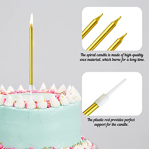DONQL Birthday Candles, tall cake candles, long birthday candles, thin cupcake candles with holders for birthday cake, baby shower, cakes, wedding, party decoration (24 pieces, gold)