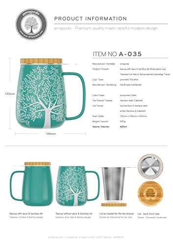 amapodo tea cup with lid and infuser - 600ml porcelain tea mug large - jumbo cup - XXL tea cup set turquoise - plastic-free