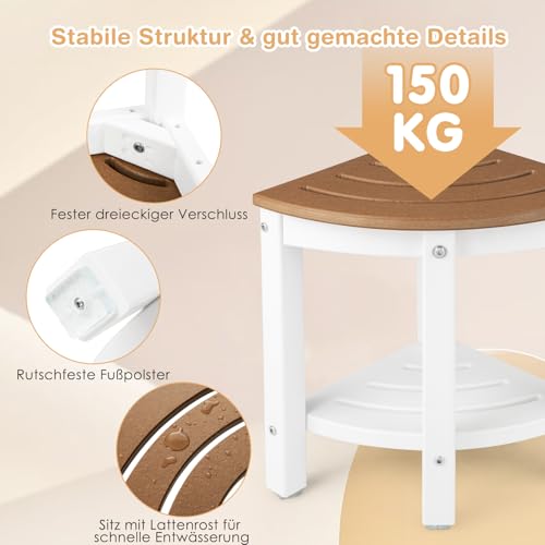 RELAX4LIFE corner shower bench, HDPE shower stool with storage, bathroom footrest for small spaces, waterproof shower stool up to 150kg capacity, 2-tier organizer for indoor showers, brown + white.