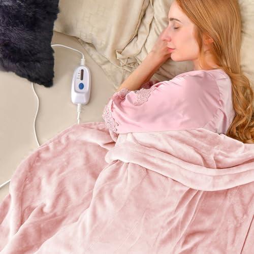 HOMASIS Electric Heated Blanket, with automatic shut-off, 4 heat settings, 8-hour timer, PTC/NTC overheat protection, remote control, machine washable Flannel Warming Blanket (Pink, 130x180cm)