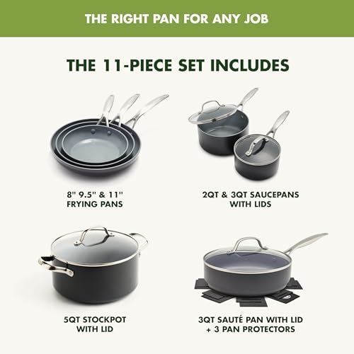 GreenPan Valencia Pro Hard-Anodized Healthy Ceramic Nonstick 11-Piece Cookware Set, Pots and Pans, PFAS-Free, Includes Skillets, Saute Pans, Induction, Dishwasher Safe, Oven Safe, Gray
