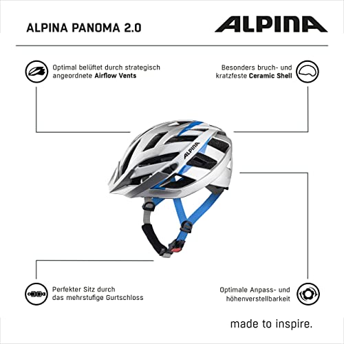 ALPINA PANOMA - Reflective & Well-Ventilated Bike Helmet with Insect Net & Upgradable LED for Adults, Silver-White Cyan, S (52-57 cm)