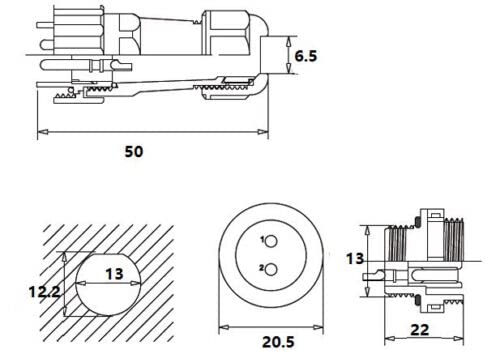 230V 12V IP68 13mm 2-way, 2-Pin, circular plug, socket, connector set with cover, watertight plug connection, waterproof connector for garden boat car max. 6.5mm cable diameter (3 sets / 2-Pin)