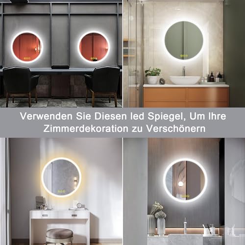 AI-LIGHTING Bathroom Mirror with Round Lighting 50 cm, 3 Light Colors, Fog-Free, Memory Function, Touch Switch, Energy Efficient.