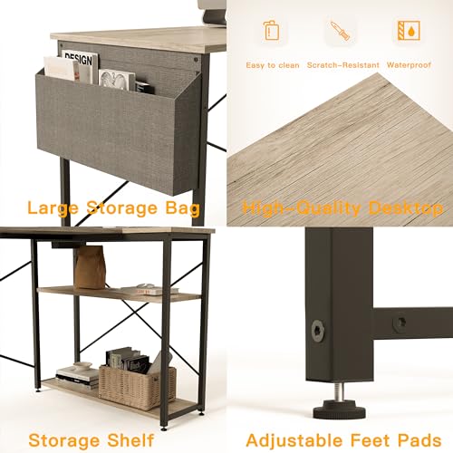 BEXEVUE corner desk with power strip - 120x70 cm. Ergonomic small L-shaped shelves, reversible PC corner desk computer desk, corner gaming table for study work at home bedroom.