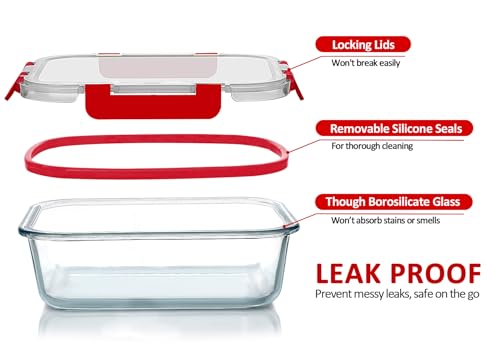 24-piece glass food storage containers with improved snap-lock lids, glass meal prep container set - airtight lunch containers, microwave, freezer, and dishwasher safe, red.