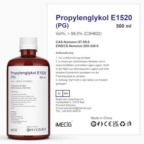 IMECIG 2 x 500ml PG Propylene Glycol liquid E1520, purely plant-based, 0% additives, high-quality.
