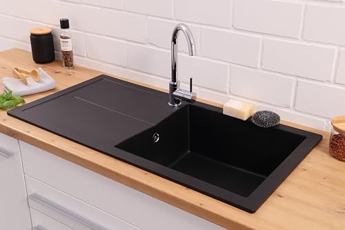 Respekta Cleveland Mineral Sink in Black/1 Bowl Inset Sink 100 x 50 cm/Sink suitable for base cabinets from 60 cm wide.