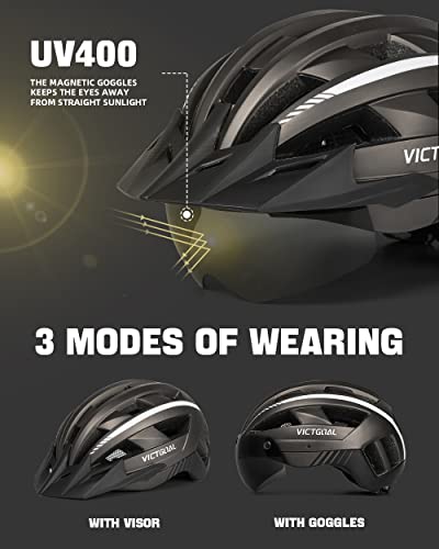 VICTGOAL bike helmet with visor Mountain bike helmet with magnetic glasses Detachable visor, road bike helmet with LED taillight Size M/L/XL for adult men women (TI-UK, L: 57-61cm)