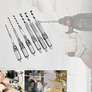 Square Hole Drill Bit Wood, 6 Pcs Square Hole Drill Bit Set Steel Woodworking Tools Spiral Drill Kits for Woodworking 6.35mm/8mm/9.5mm/12.7mm/14mm/16mm
