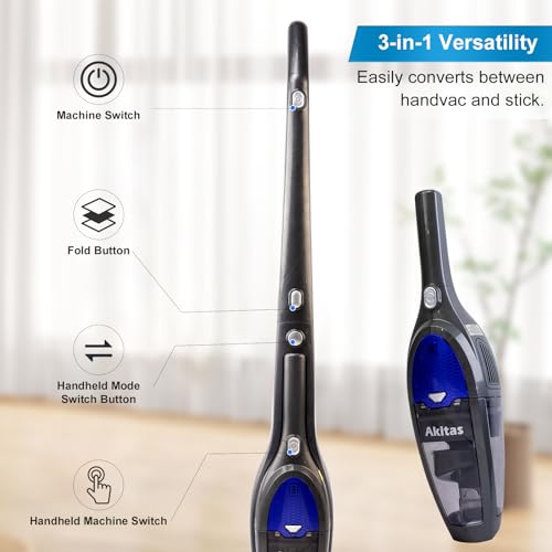 Akita's cordless 3in1 handheld and vertical vacuum cleaner 22.2V 150W rechargeable lithium battery for floors, carpets, pet hair. (AKU10)