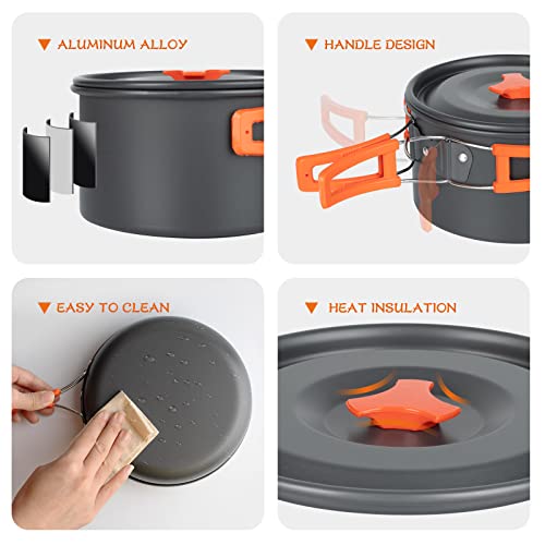 Overmont Camping Cookware Set outdoor dish set pot set picnic pot with coffee pot tea pot aluminum for 3-4 people.