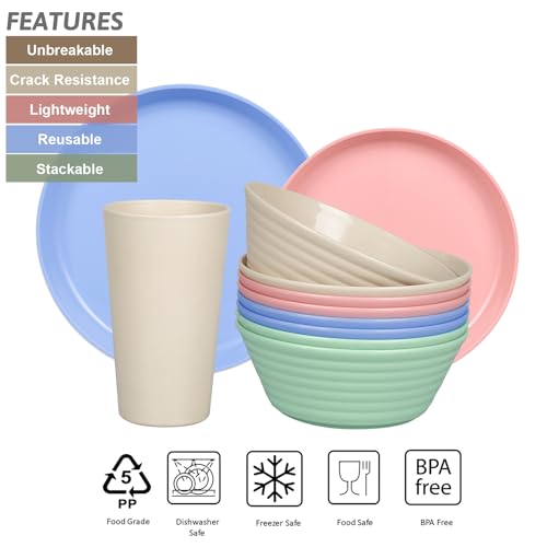 Greentainer plastic dinnerware sets (32pcs) | Lightweight and Unbreakable Camping Dish Set, Plates, Bowls, Cups, Tableware for 8 people, Ideal for Kids & Adults