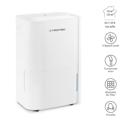 TROTEC electric dehumidifier TTK 66 E - 24 L/day capacity - Area 50 m² / 125 m³ - with auto shut-off - for apartment and bedroom