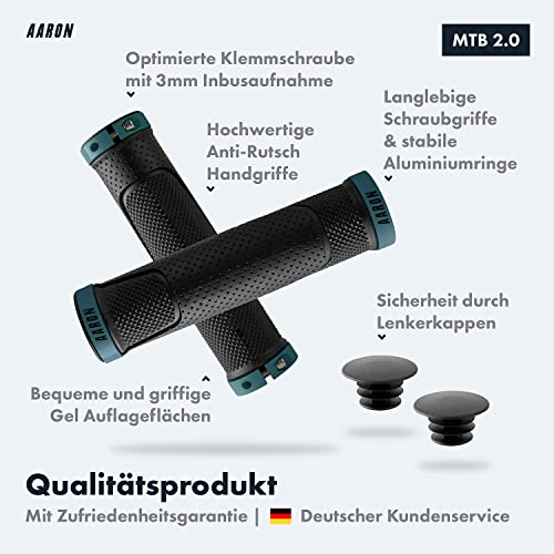 AARON MTB bicycle grips, sporty handlebar grips made of non-slip rubber, Gray Blue Lock-On Gel grips with handlebar end caps for mountain bike, trekking bike, e-bike, crossbike, fixie and more.