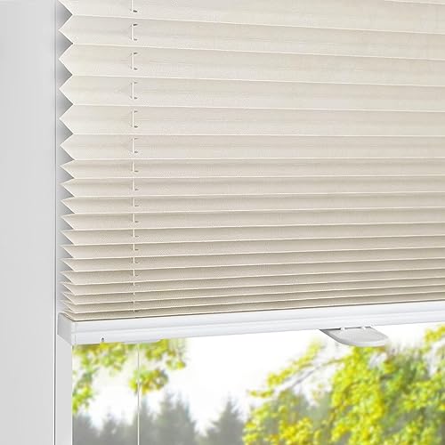 BelleMax Pleated Blind without drilling clamp fix, Beige 130x65cm (LxW), Easyfix translucent privacy and sun protection, blinds pleated roller with clamping bracket, folding blind for windows & doors.
