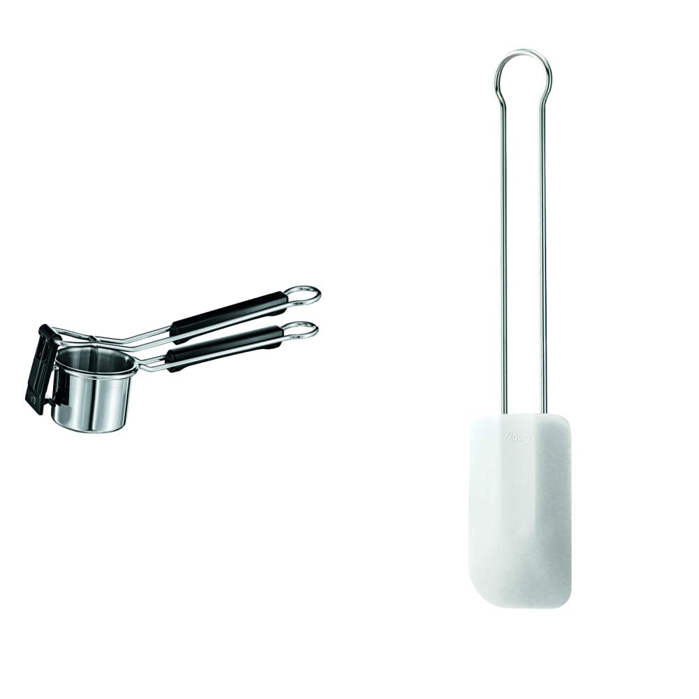 RÖSLE Potato Masher, Silver/Black & Dough Scraper, High-quality dough spatula for baking and cooking, durable silicone, white, 26cm, Stainless Steel 18/10, -30°C to +200°C, Dishwasher safe