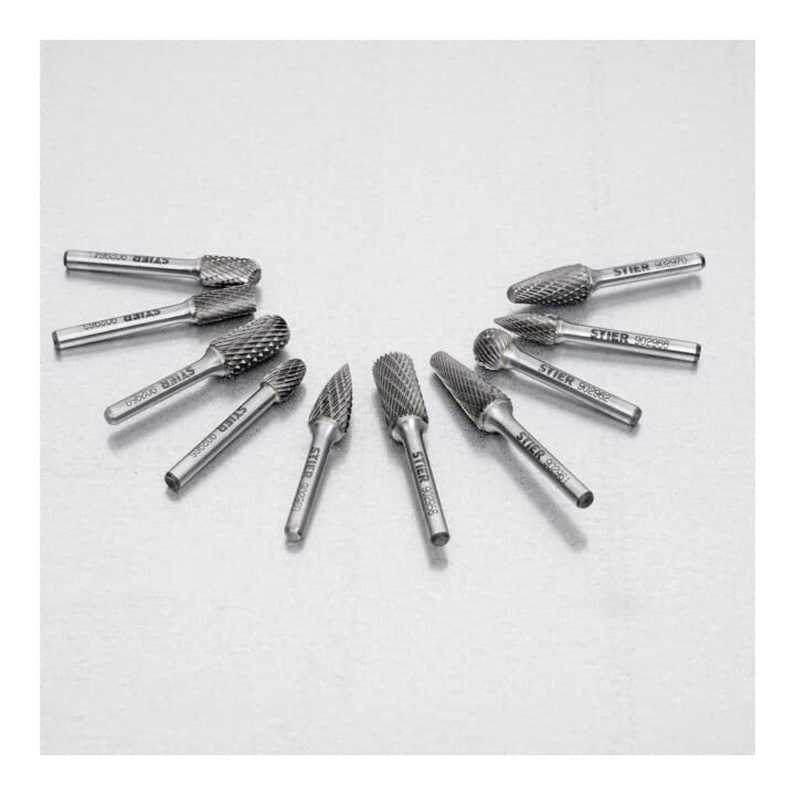 BULL Carbide Burrs Set 10 pcs, 6mm shank diameter, burr shapes: cylinder plain end, ball nose, oval, drop, pointed arch, high cutting speed 840 m/min.