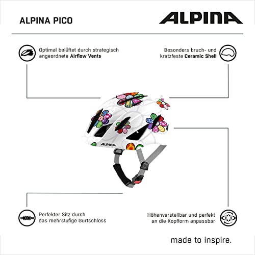 Alpina PICO - Lightweight, optimally ventilated & impact resistant bike helmet with insect net for children, optional with light, pearl white-flower gloss, 50-55 cm.