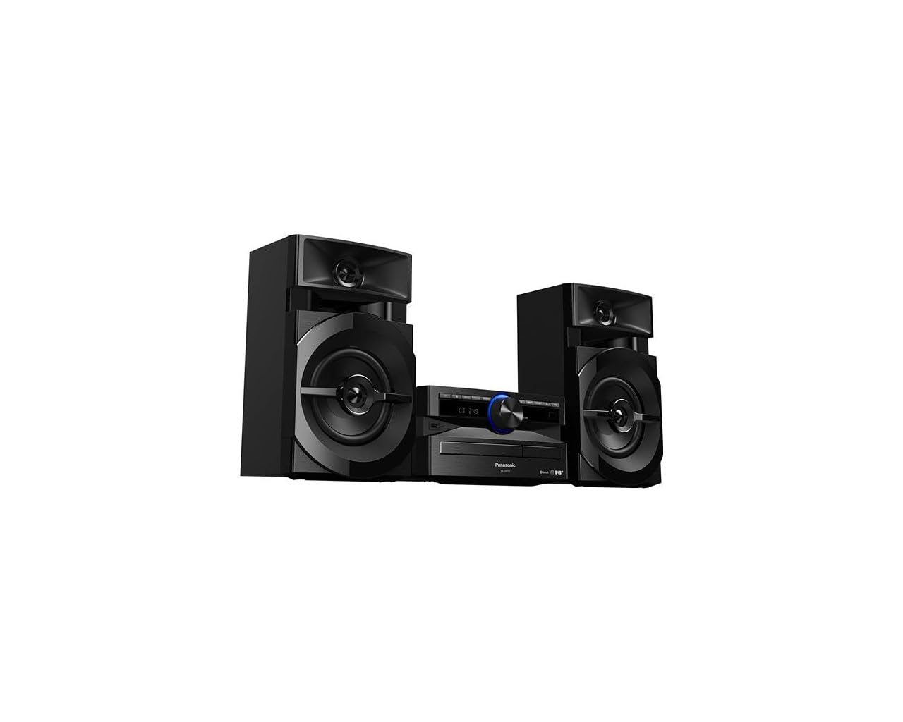 Panasonic Mini System, 300W, 2-way speakers, 13cm woofer, CD player, CD-R/RW, Bluetooth, USB, DAB/DAB+, 30 FM/15 AM RDS, AUX, audio quality, blue lighting, black DAB/DAB+ radio.