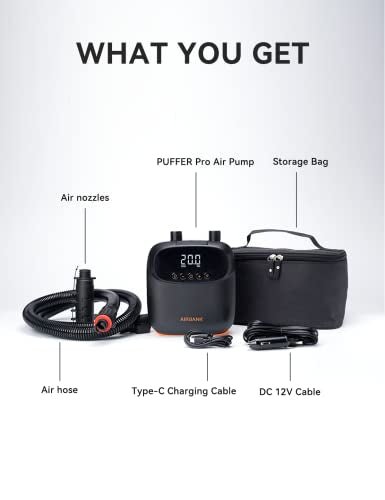 AIRBANK Electric Air Pump SUP Pump with Battery The Buffer Pro, Rechargeable Dual Stage Auto Off Air Pump for Paddleboard, Wing Foil & Kite, Tent, Mattress (Light Gray)