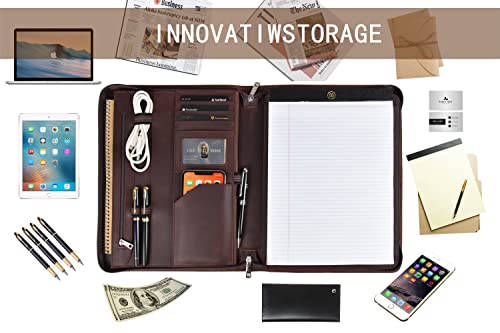 Calfinder a4 Writing Portfolio, Leather Business Portfolio, Zipper Conference Portfolio/a4 Clipboard, Document Folder for iPad Pro 10.5/11, Gifts for Women/Men, Dark Brown