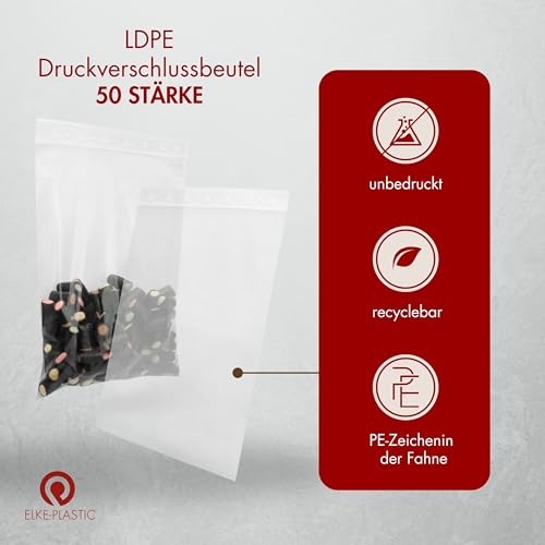 Elke-Plastic resealable bags 50 μm 180×250 mm – 1000 pieces – Plastic bags for food, reusable bags – high-quality bags for storage, organization, and packaging.