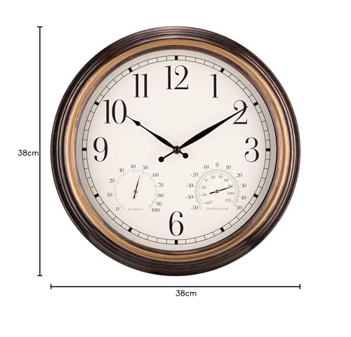 Navaris outdoor clock analog - with thermometer and hygrometer display - 38.1 x 5cm - round clock for hanging without ticking - decor garden wall clock
