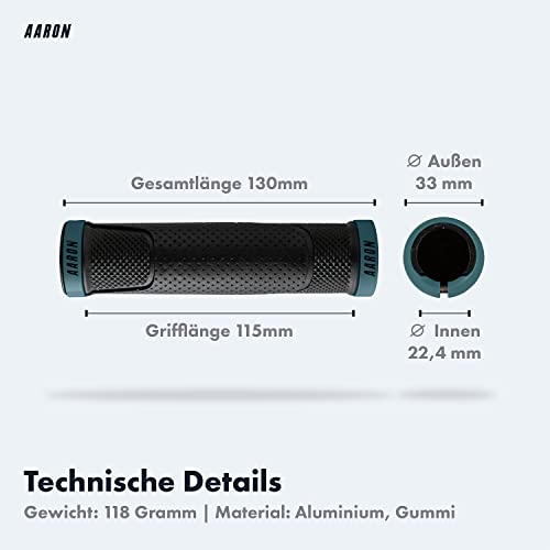 AARON MTB bicycle grips, sporty handlebar grips made of non-slip rubber, Gray Blue Lock-On Gel grips with handlebar end caps for mountain bike, trekking bike, e-bike, crossbike, fixie and more.