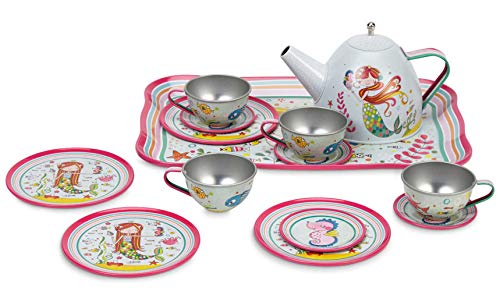 Jewelkeeper - Tin Tea Set for Girls & Carry Case, Kids Pretend Play Kitchen Toy Set, 15 Pieces - Mermaid Design