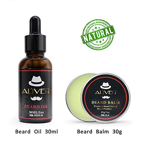 Improved beard care set, 6-piece facial grooming kit with organic beard oil leave-in conditioner, bib, brush, combs, beard balm butter wax, all in a large storage pouch.