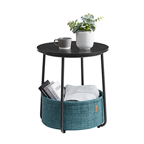 VASAGLE Side Table Round, Small Table, Small Coffee Table, Living Room Table, Fabric Basket, Storage for Living Room or Bedroom, Modern Nightstand, Ebony Black and Turquoise Blue LET223B56