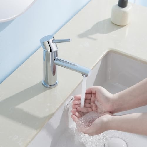 Kelleria Bathroom Faucet Chrome, Stainless Steel Washbasin Tap with 80mm Spout Height Bathroom Fixtures Water-Saving, Faucet Basin Hot and Cold Adjustable, Easy Installation Including Accessories