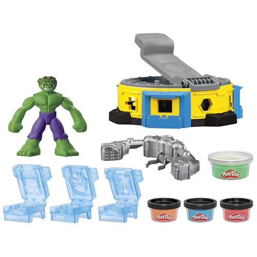 Play-Doh Marvel Hulk Smash & Squeeze Fun, action figure and 3 x 28g cans and 1 x 56g can, dough press and molds, creative fun for kids ages 3 and up.