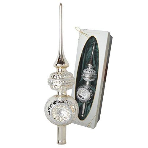 Shiny silver Christmas tree topper with decoration, 29 cm in high-quality gift box.