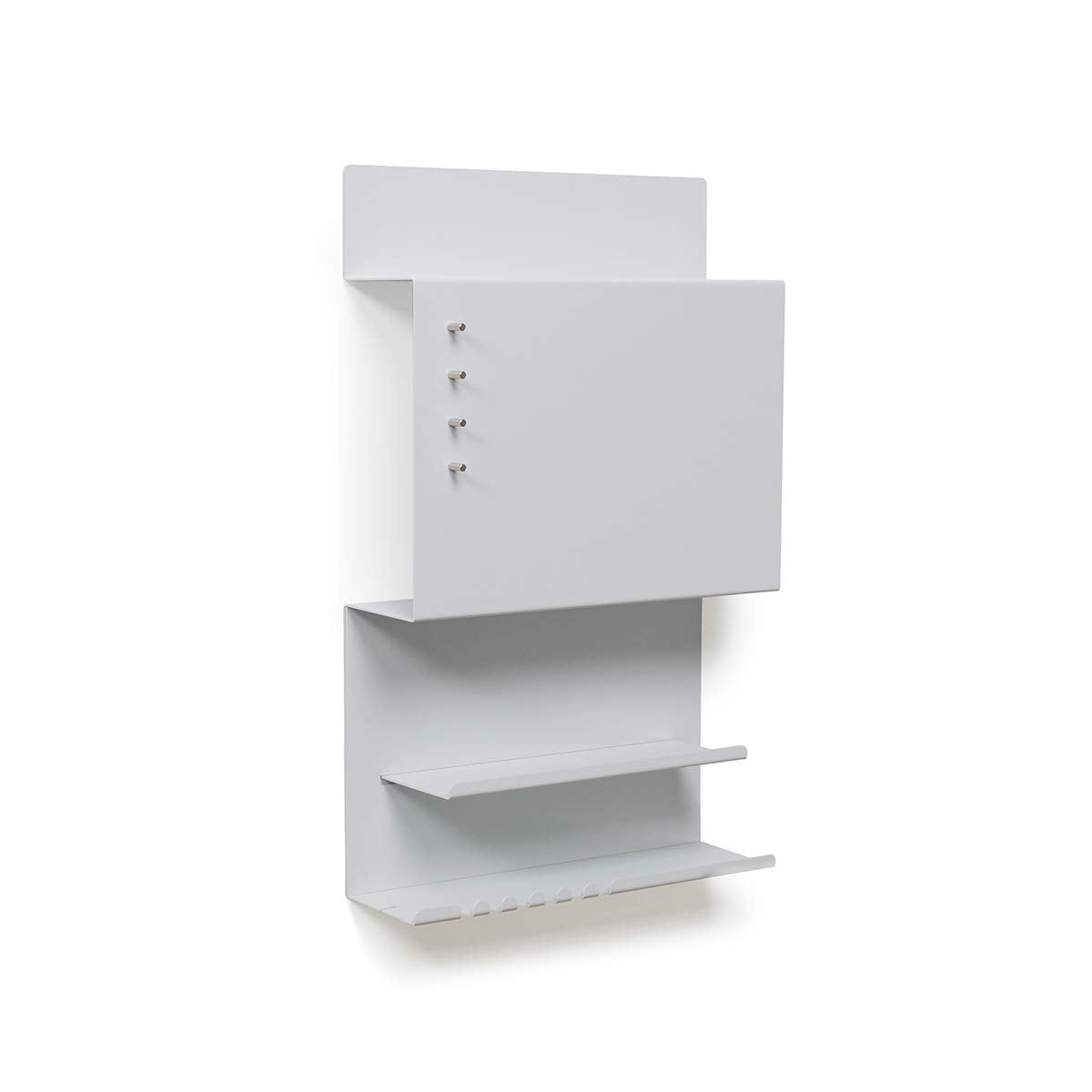 Offer wall organizer Hepe made of steel structure. 30 x 9 x 49 cm 3-in-1 wall shelf with magnetic board and magnets. Board for keys, newspapers, and notes. Gray color.