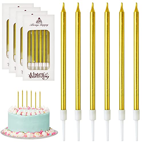 DONQL Birthday Candles, tall cake candles, long birthday candles, thin cupcake candles with holders for birthday cake, baby shower, cakes, wedding, party decoration (24 pieces, gold)