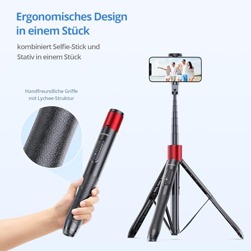 ATUMTEK Selfie Stick 150CM 3 in 1 Selfie Stick Bluetooth Telescopic Selfie Stick Tripod with Detachable Remote Phone Tripod for iPhone 13 Pro Max, Samsung, and other smartphones Red