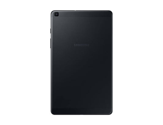 Samsung Galaxy Tab A (2019) tablet with 8-inch display, WiFi, 32 GB storage, 2 GB RAM, Quad-Core 2.0 GHz processor, 8 MP main camera + 2 MP front camera in black color.