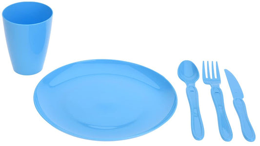 31-piece picnic set including silverware, cups, plates, knives, forks, spoons, and a transport box. Perfect for outdoor dining. (blue)
