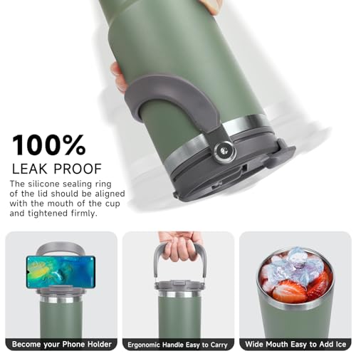 Riley Joy thermal cup 900ml, 1200ml drinking cup with lid and stainless steel straw insulation for hot and cold drinks coffee mug for water, coffee or iced tea (Green, 900 ml)