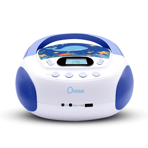 mooov 477170 CD player for kids with speakers, USB, headphone jack, AUX-IN port - boombox CD player portable - mains powered or batteries - Ocean model - blue/white